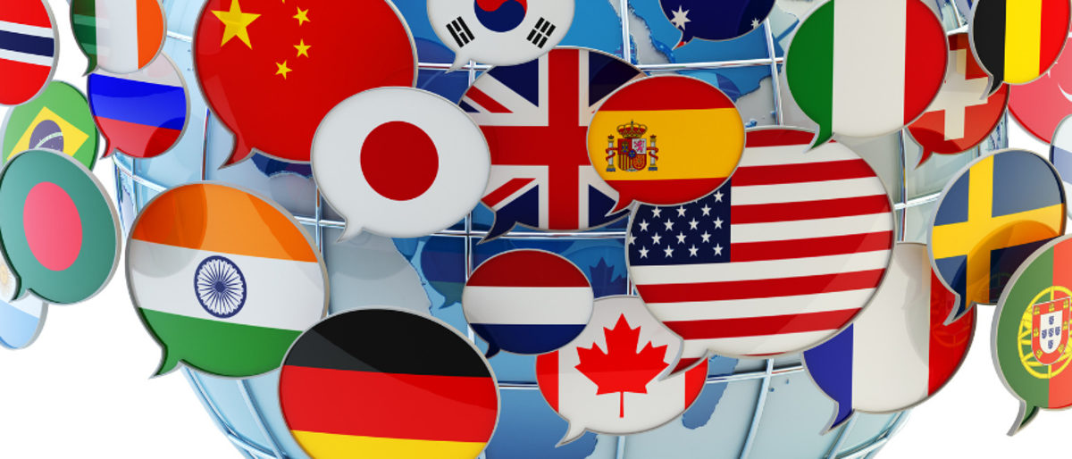 Fotolia_93333442_L_3zu1, ausland, sprechblasen, fahnen, sprache, außenwirtschaft, kommunikation, fotolia, welt
