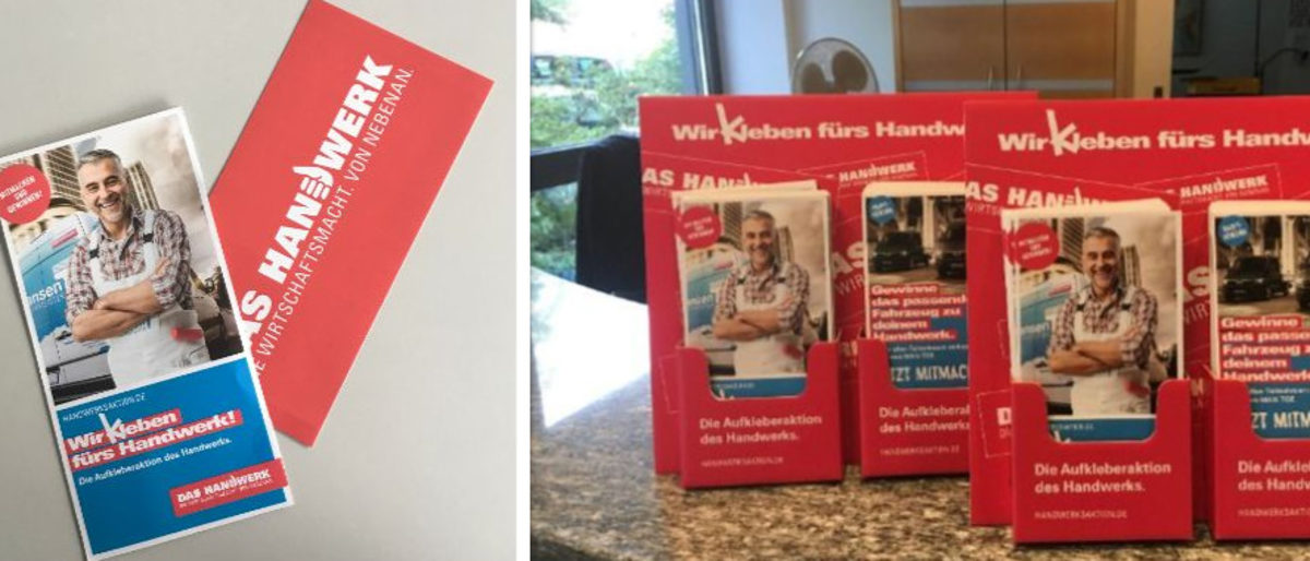 Im Foyer der Handwerkskammer Hannover in der Berliner Allee und auf dem Campus Handwerk in Garbsen stehen die Flyer mit dem Handwerks-Aufkleber bereit. Aufkleberaktion, Imagekampagne, Collage, Handwerk,