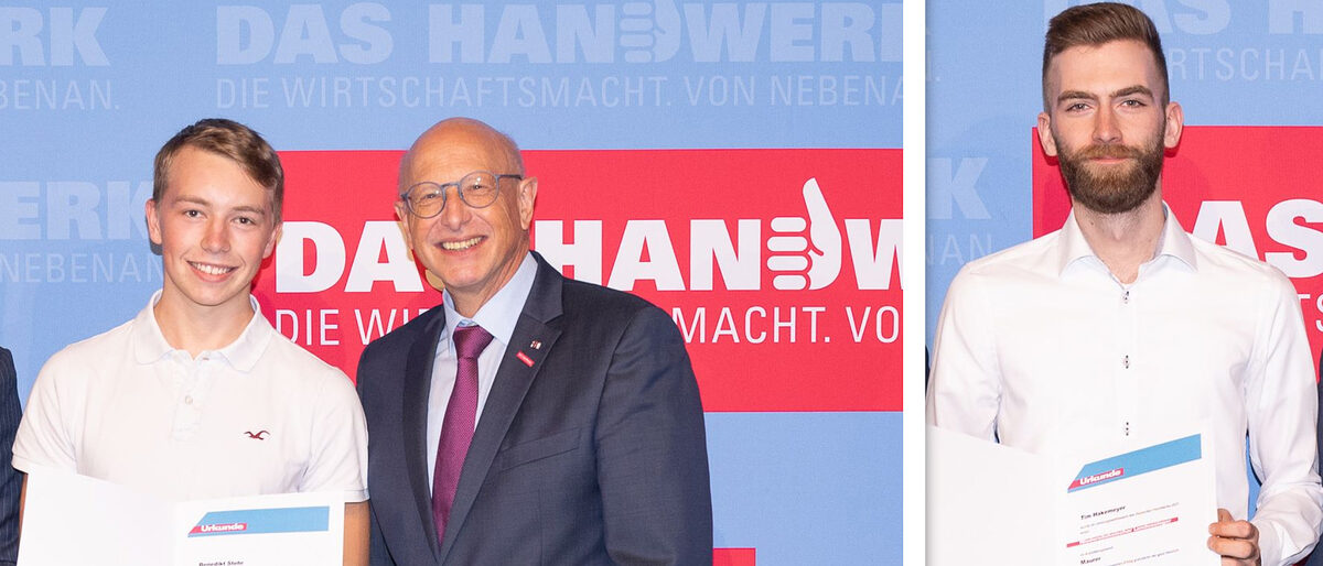 II. Bundessieger Benedikt Stehr und Tim Hakemeyer mit Handwerkskammerpräsident Karl-Wilhelm Steinmann auf der Landessiegerehrung 2021 BUndessieger, Stehr, Hakemeyer, Sattler, Maurer