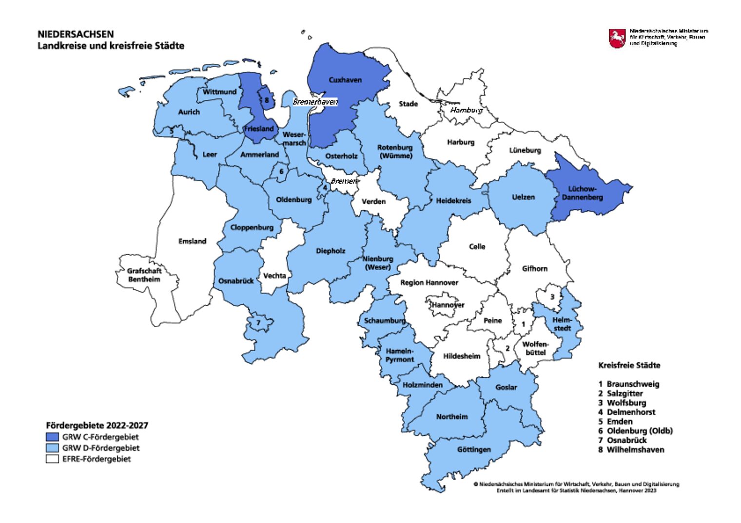 Fördergebietskarte 2022-2027 EFRE GRW