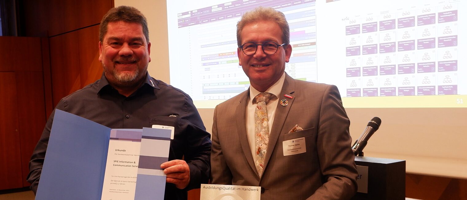 Die SPIE Informations und Communikations Services GmbH erhielt im Rahmen des Strategietages Ausbildung der Handwerkskammer Hannover die Auszeichnung pimAQ prima Ausbildungsqualit&auml;t.