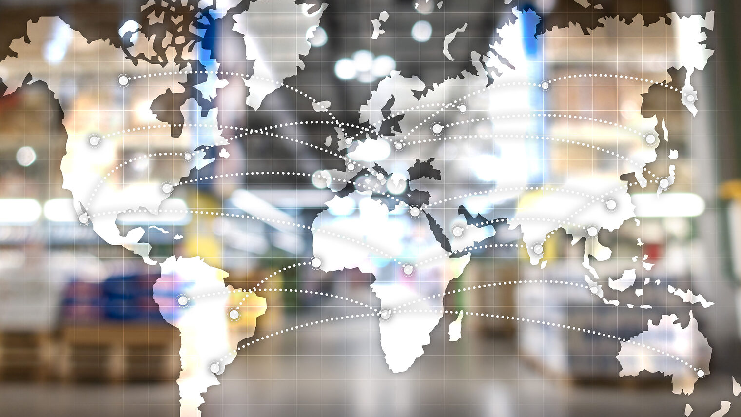 digitale Landkarte mit See- und Flugwegrouten.