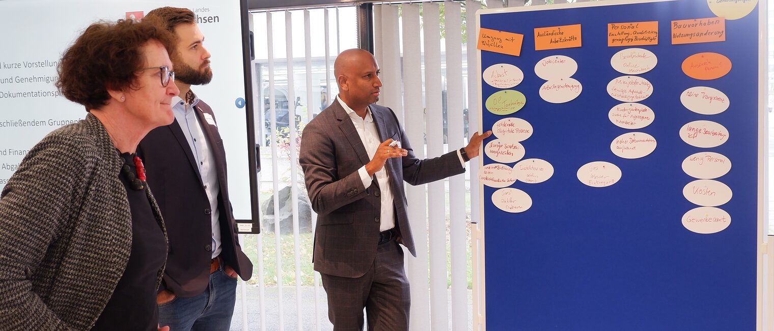 Drei Personen stehen am Flipchart und pinnen Moderationskarten an.