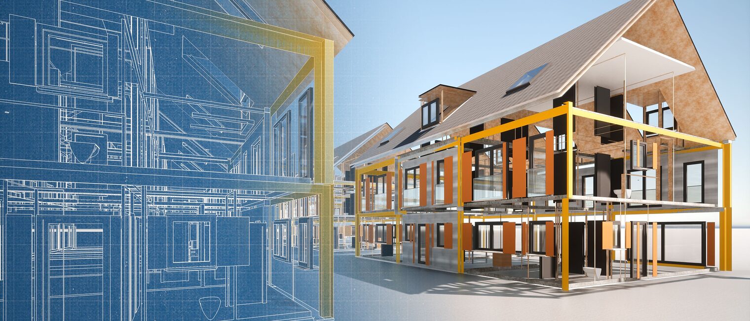 Links ist eine digitale Skizze eines Hauses zu sehen, rechts das fertig gebaute Haus.