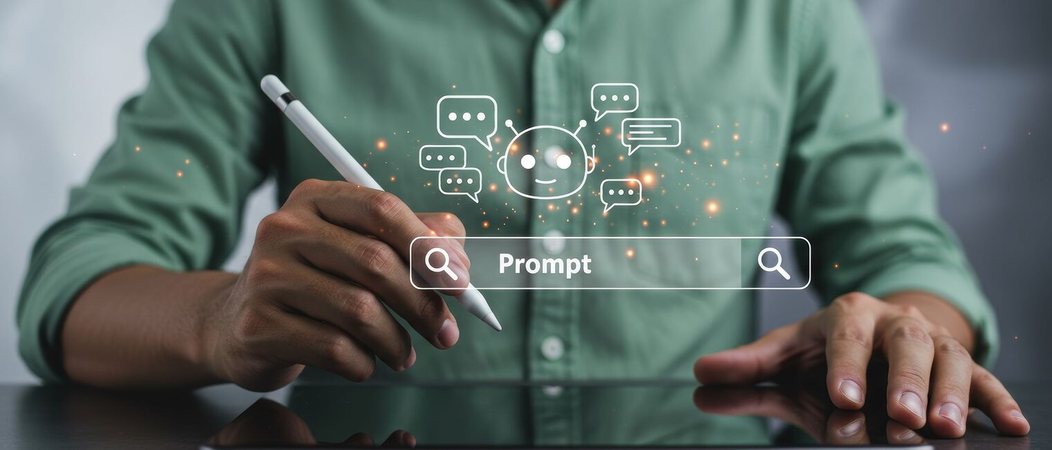 Digitaler Chat-Bot erscheint vor Tablet, das ein Mann bedient.