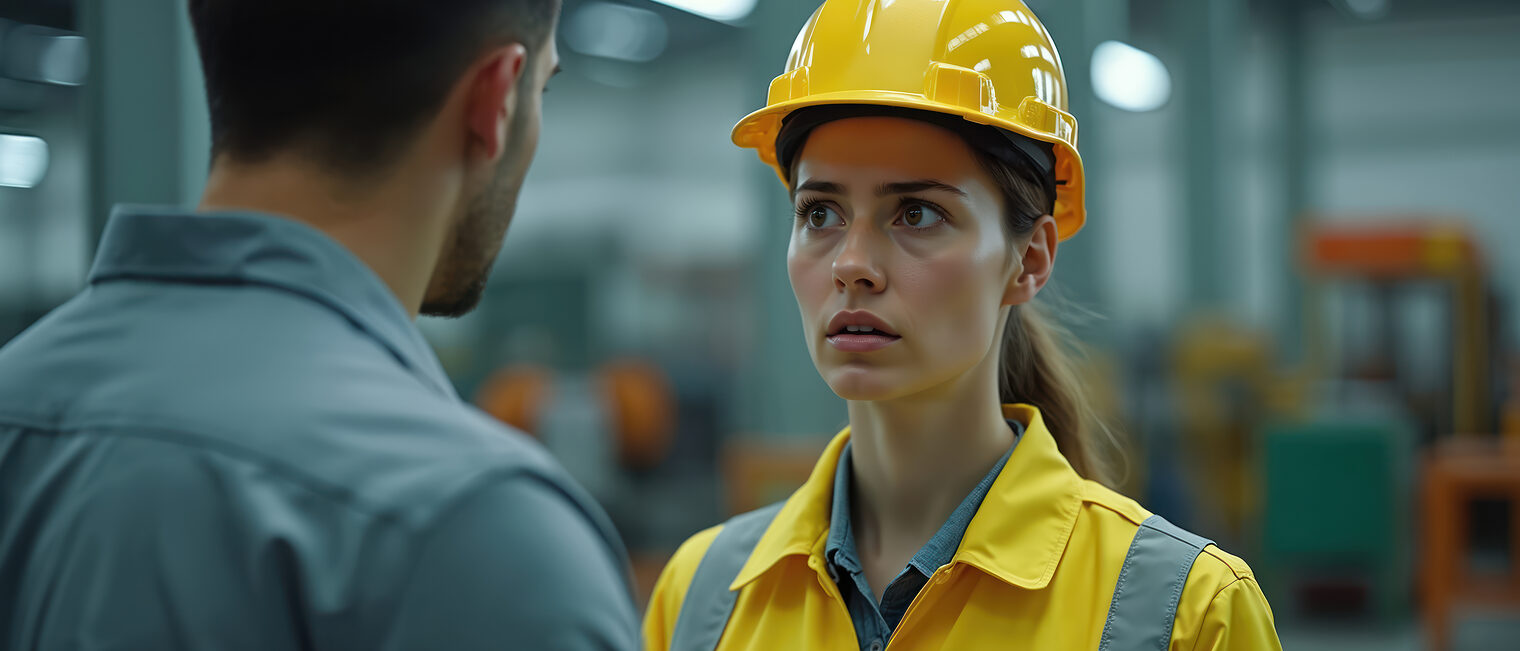 Eine Frau mit Arbeitshelm steht in einer Werkstatt und schaut einen Mann in Bürokleidung erschrocken an.