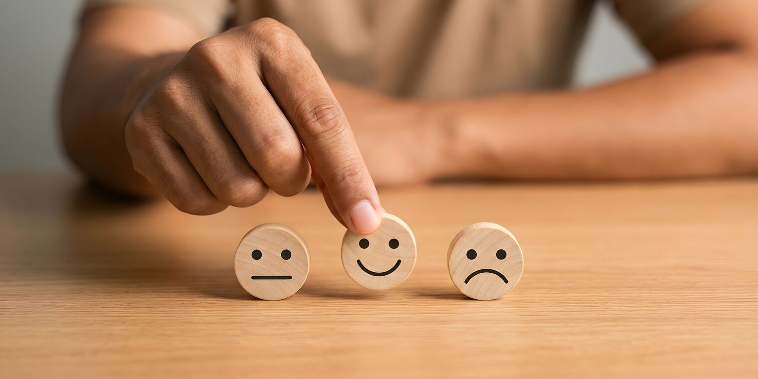 Drei Holzsmileys mit unterschiedlichen Gesichtsausdrücken werden von einer Hand gehalten.