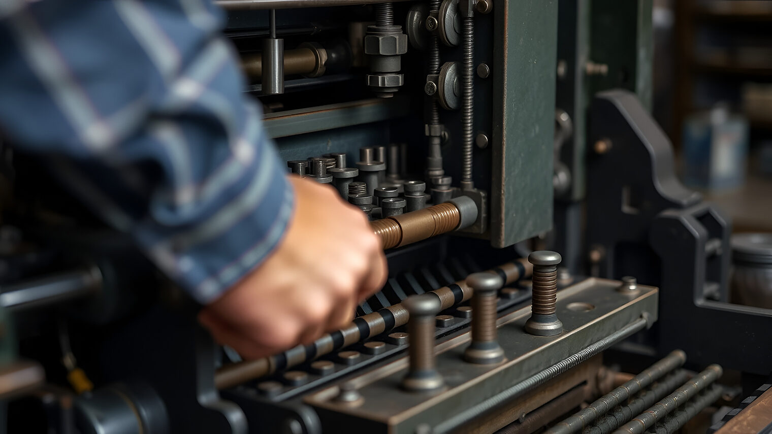 Eine alte Buchdruckmaschine wird bedient.