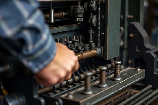 Eine alte Buchdruckmaschine wird bedient.