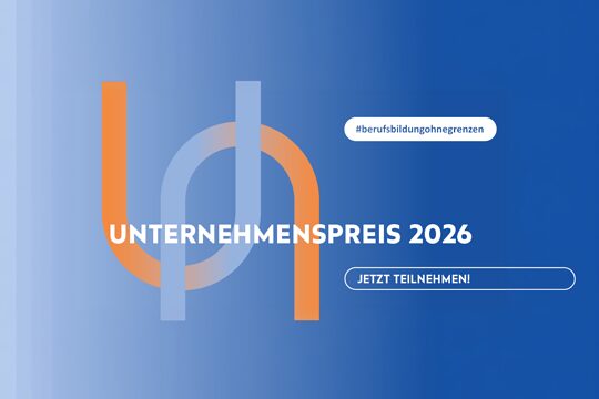 Ein Banner mit der Aufschrift "Unternhemenspreis 2026", dass zu Teilnahme am Wettbewerb des Projekts Berufsausbildung ohne Grenzen auffordert. 